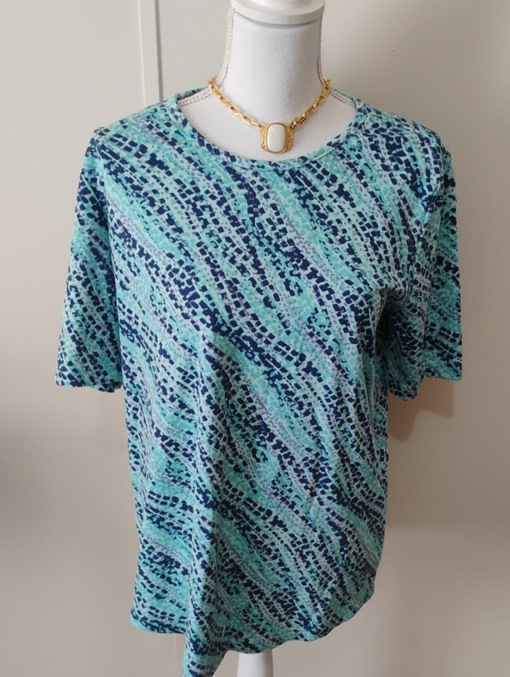Blair Aqua & Navy Short Sleeve Patterned Tee